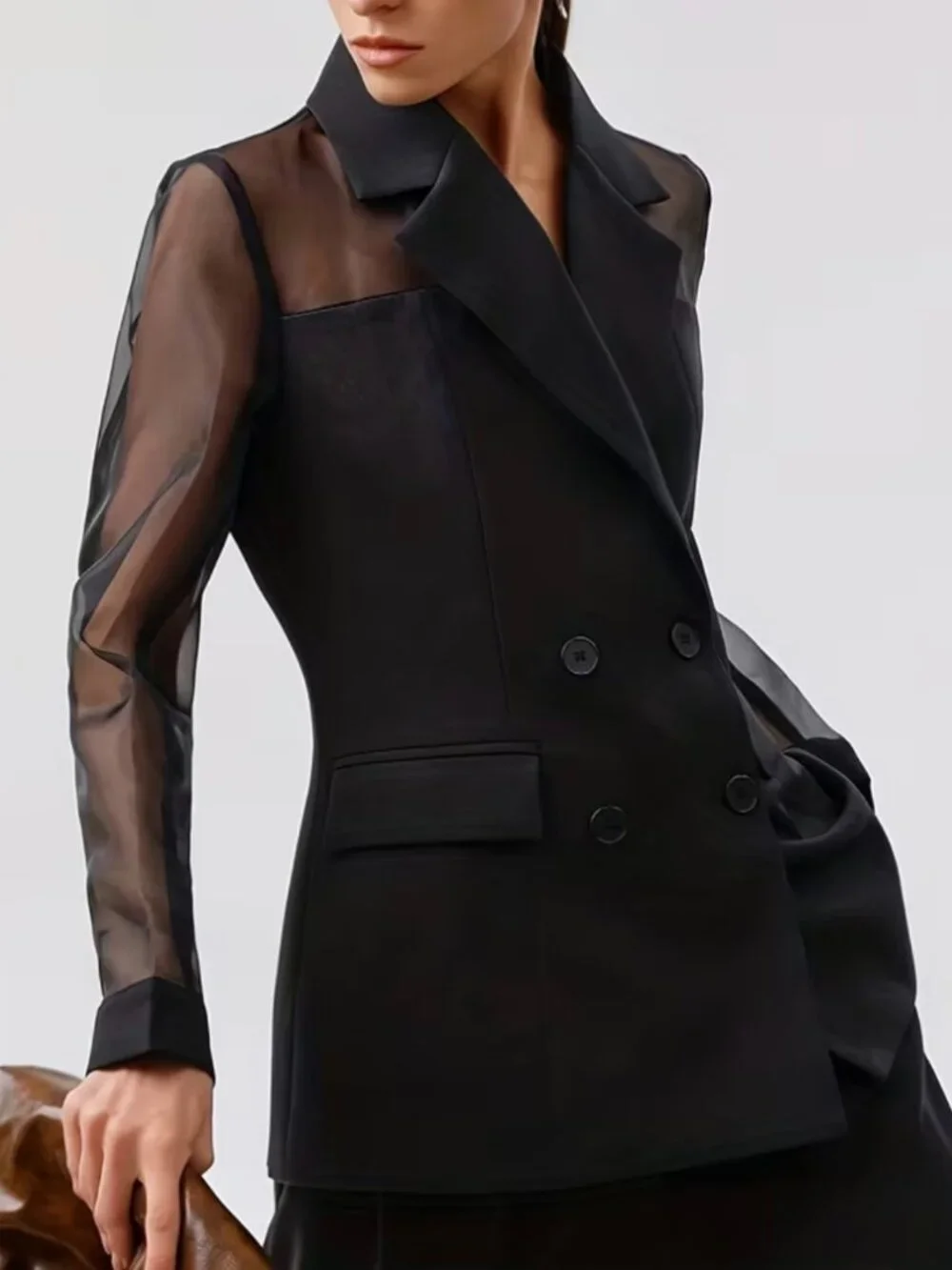 Fashionable Women's Elegant Blazer, Stylish High-End Mesh Patchwork Double-Breas